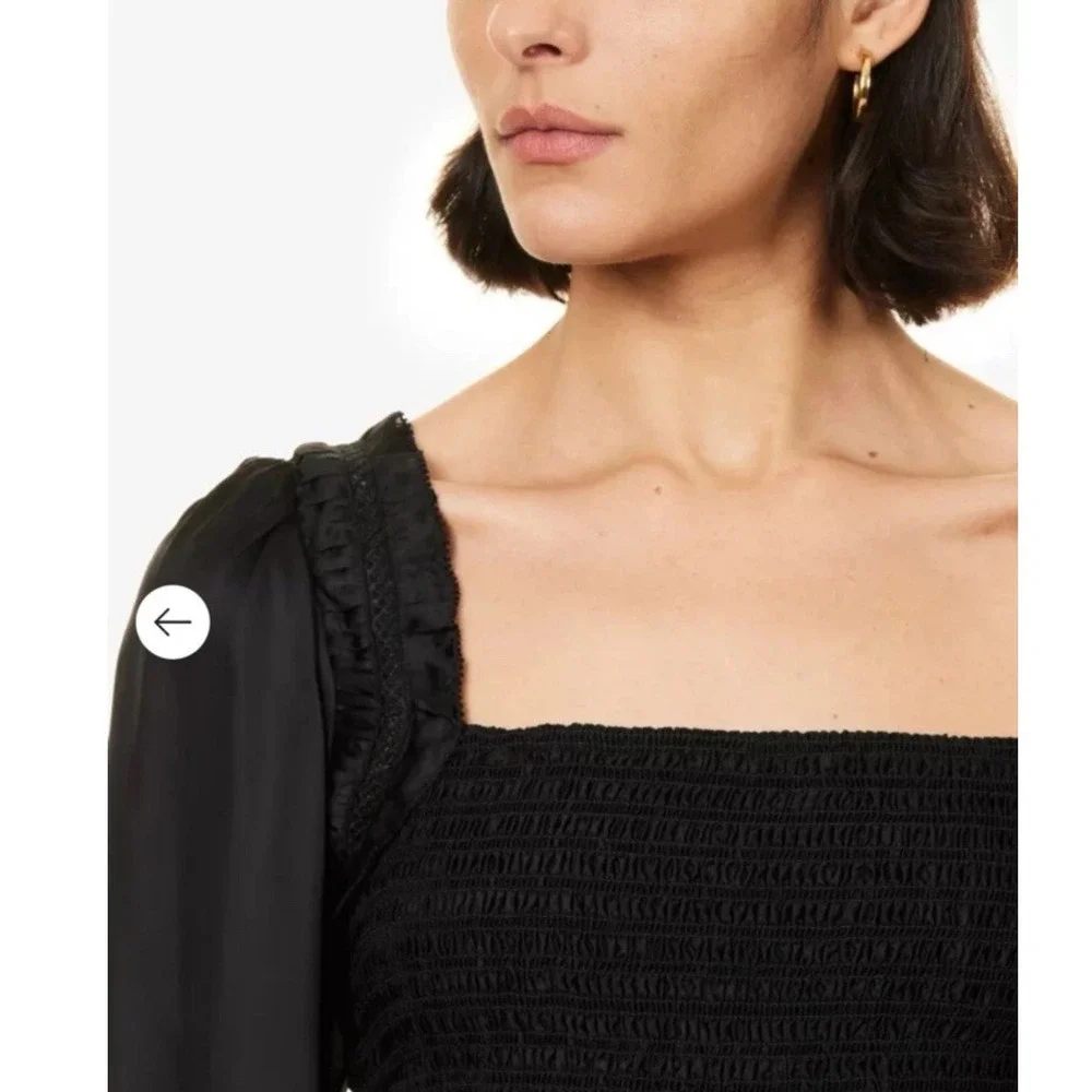 ME+EM Top Square Neck Lace Trim UK 10 US 6 Black Long Sleeve Smocked Coquette